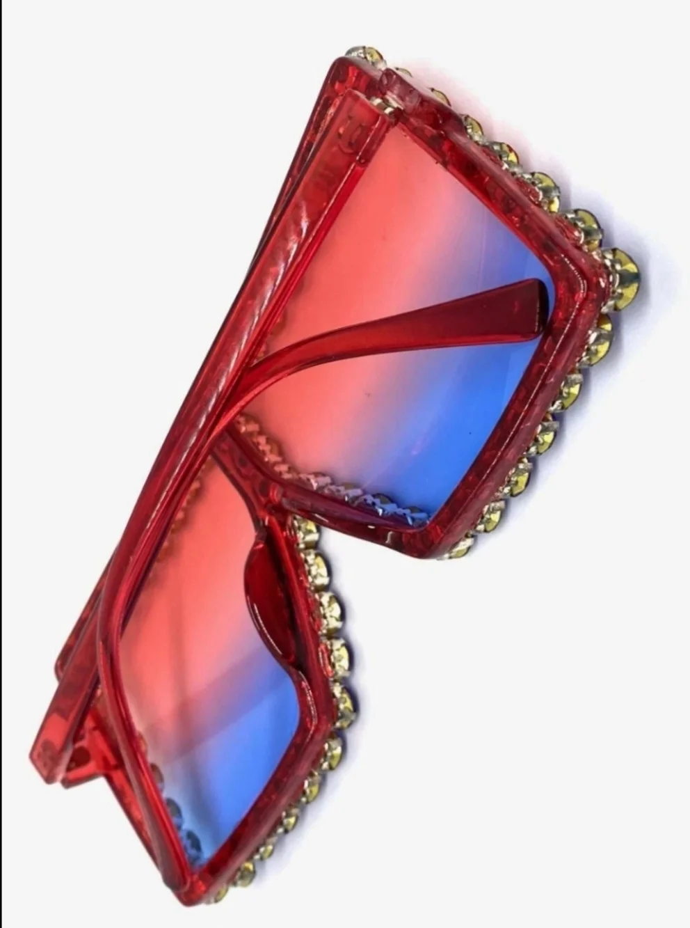 Unisex Crystal Embellished Red & Blue Oversized Square Sunglasses